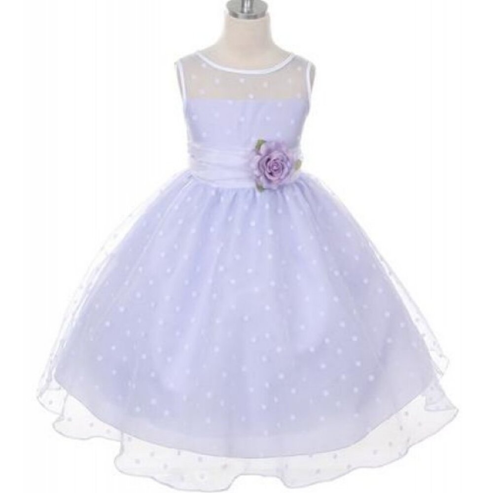Kid’s Dream Lavender Organza Tea-Length Dress – White Polka Dots & Bow Sash